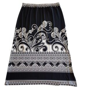 Susan Graver XL Liquid Knit Maxi Skirt Black White Paisley Print Stretchy Womens